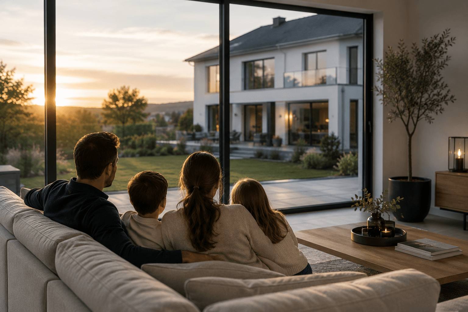 Familie betrachtet gemeinsam ihr Zuhause bei Abendlicht.