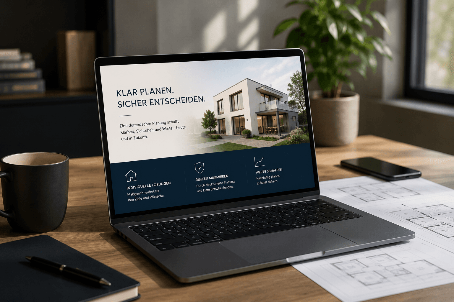 Architekturpräsentation auf einem Laptop als Teil einer vorausschauenden Finanzierungsplanung.