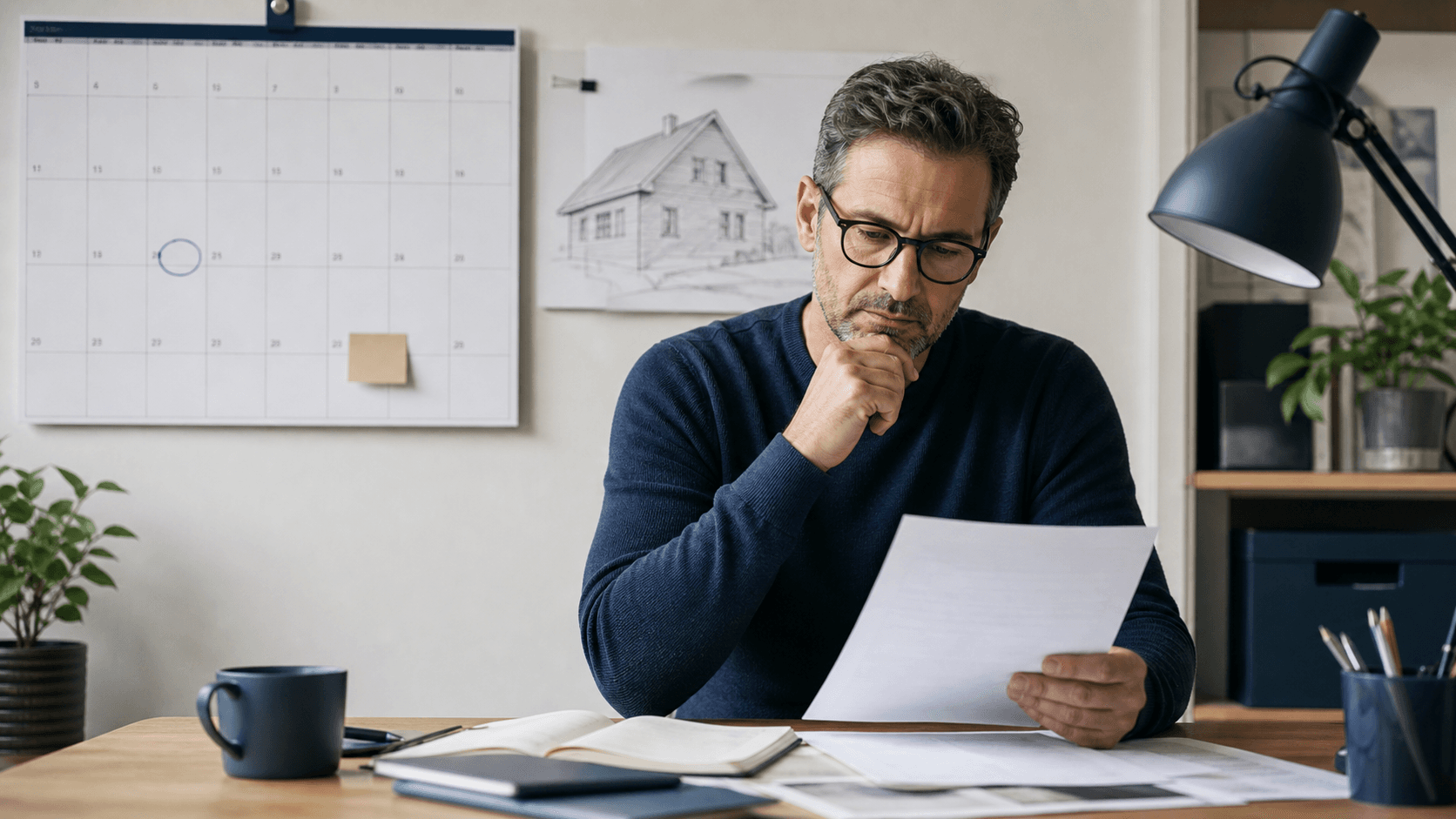 Person prüft einen langfristigen Finanzplan an einem aufgeräumten Arbeitsplatz.