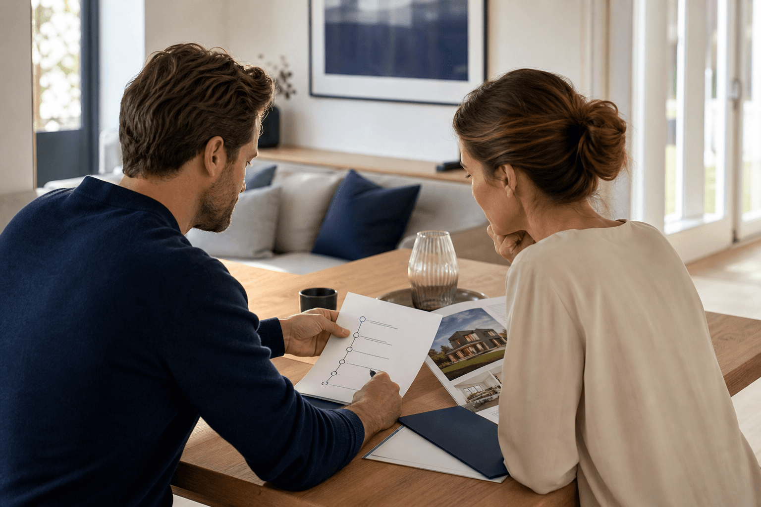 Paar prüft Exposé, Unterlagen und eine zeitliche Übersicht für einen Immobilienkauf.