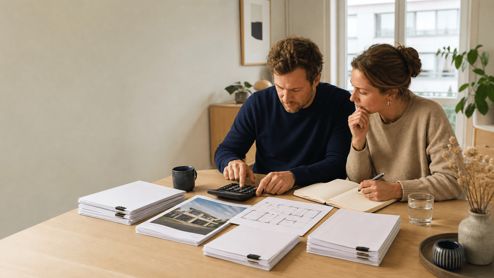 Ein Paar prüft am Tisch Exposé, Grundriss und getrennte Unterlagen zu den Kosten eines Immobilienkaufs.