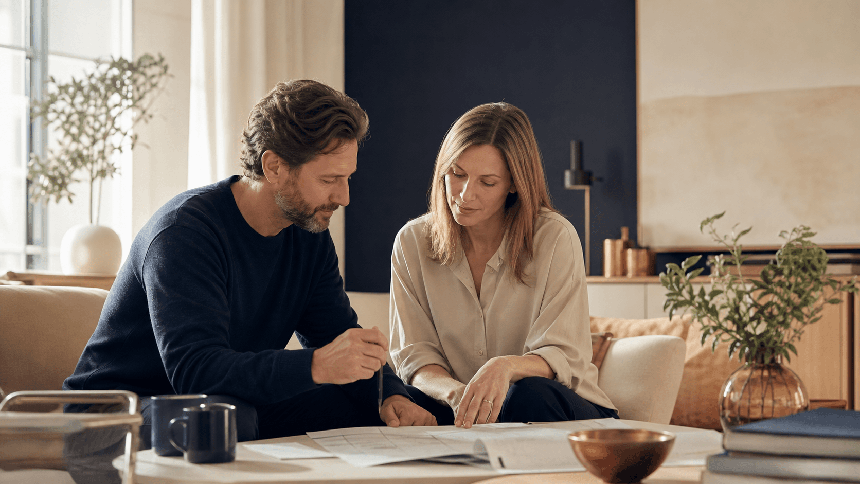 Zwei Erwachsene besprechen einen langfristigen Plan mit Unterlagen.