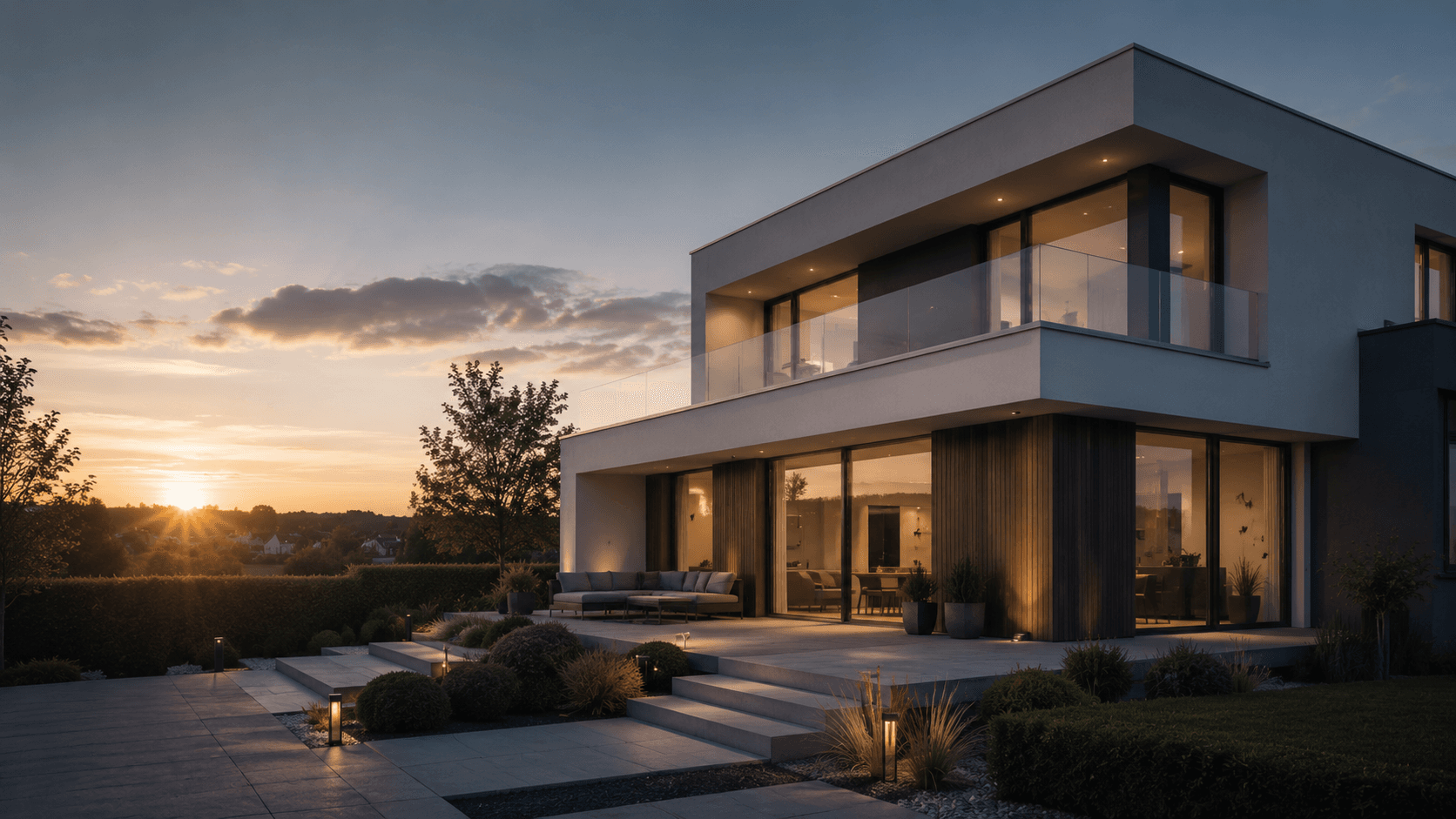 Modernes Wohnhaus in der Abenddämmerung mit großen Fensterfronten und beleuchteter Terrasse.