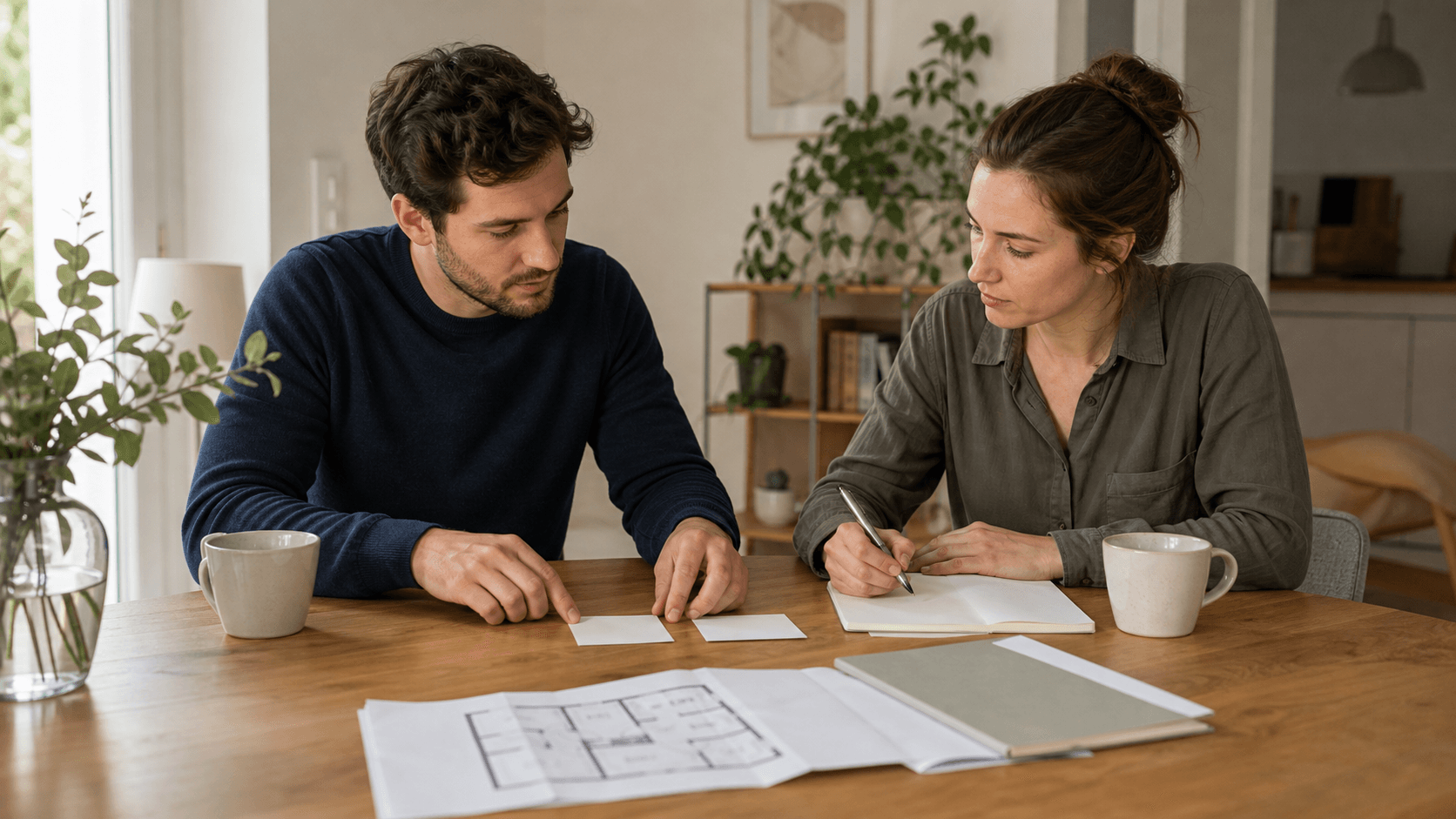 Zwei Erwachsene vergleichen an einem Esstisch zwei mögliche Finanzierungswege mit neutralen Notizkarten und einem Grundriss.