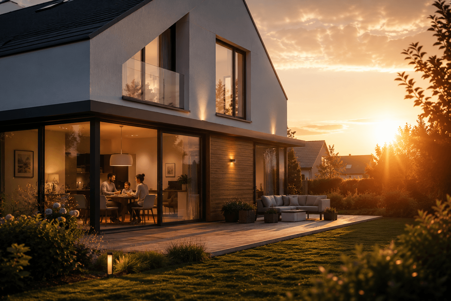 Modernes Einfamilienhaus bei Sonnenuntergang.